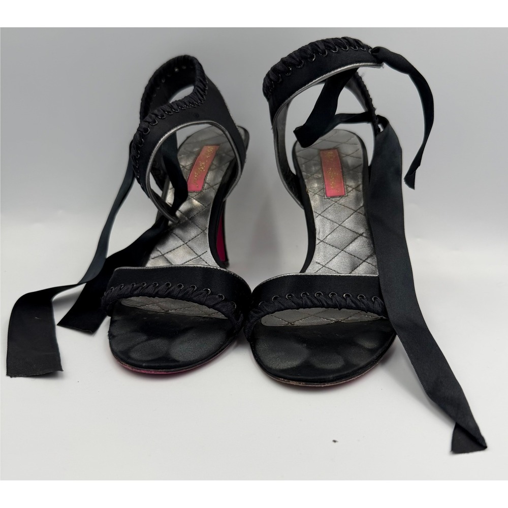 Betsey Johnson Womens 7M Black Satin Ribbon Tie Stiletto Heels Y2K Pink Sole